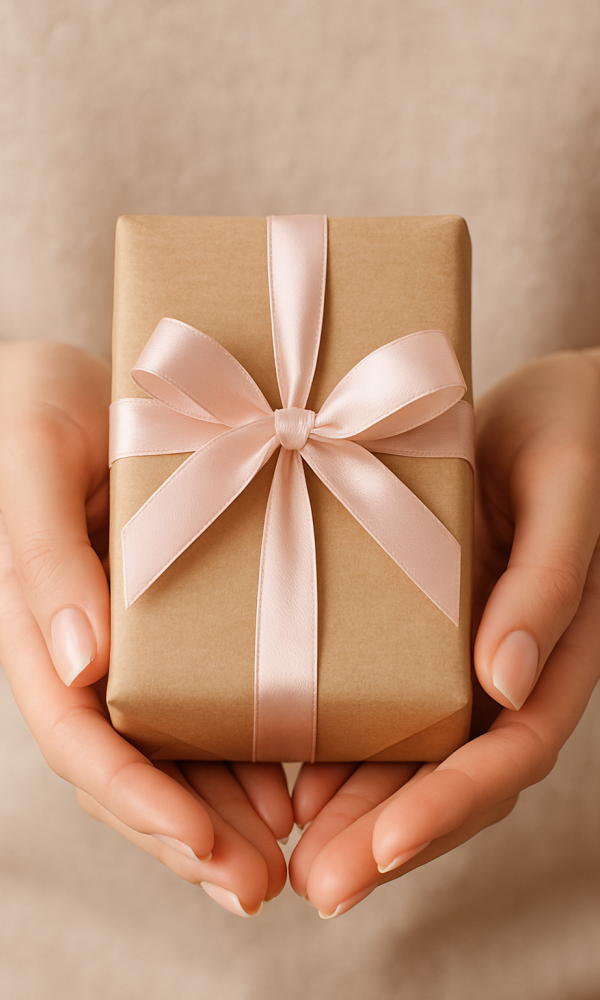 Geschenken met aandacht - handen met geschenk beige